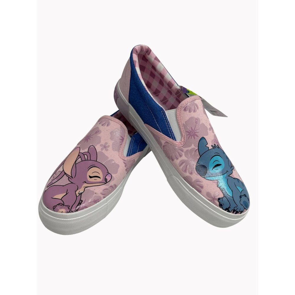 Disney Lilo & Stitch 9.5W Slip-On Canvas Sneakers Pink Blue Gingham Shoes New